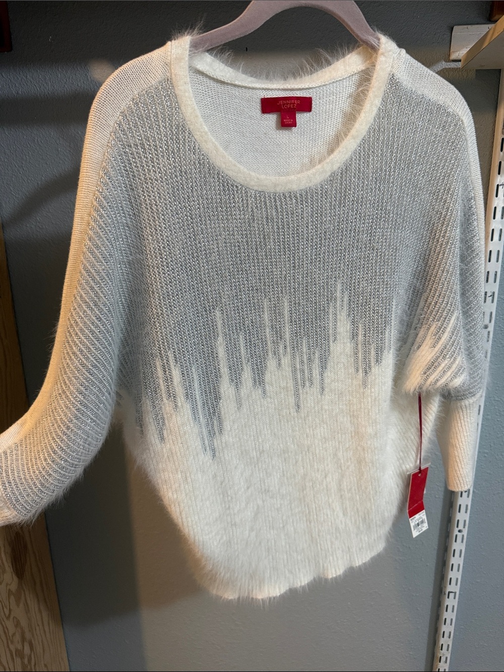 Jennifer Lopez Cream and Light Gray Ombre Fuzzy Crewneck Sweater